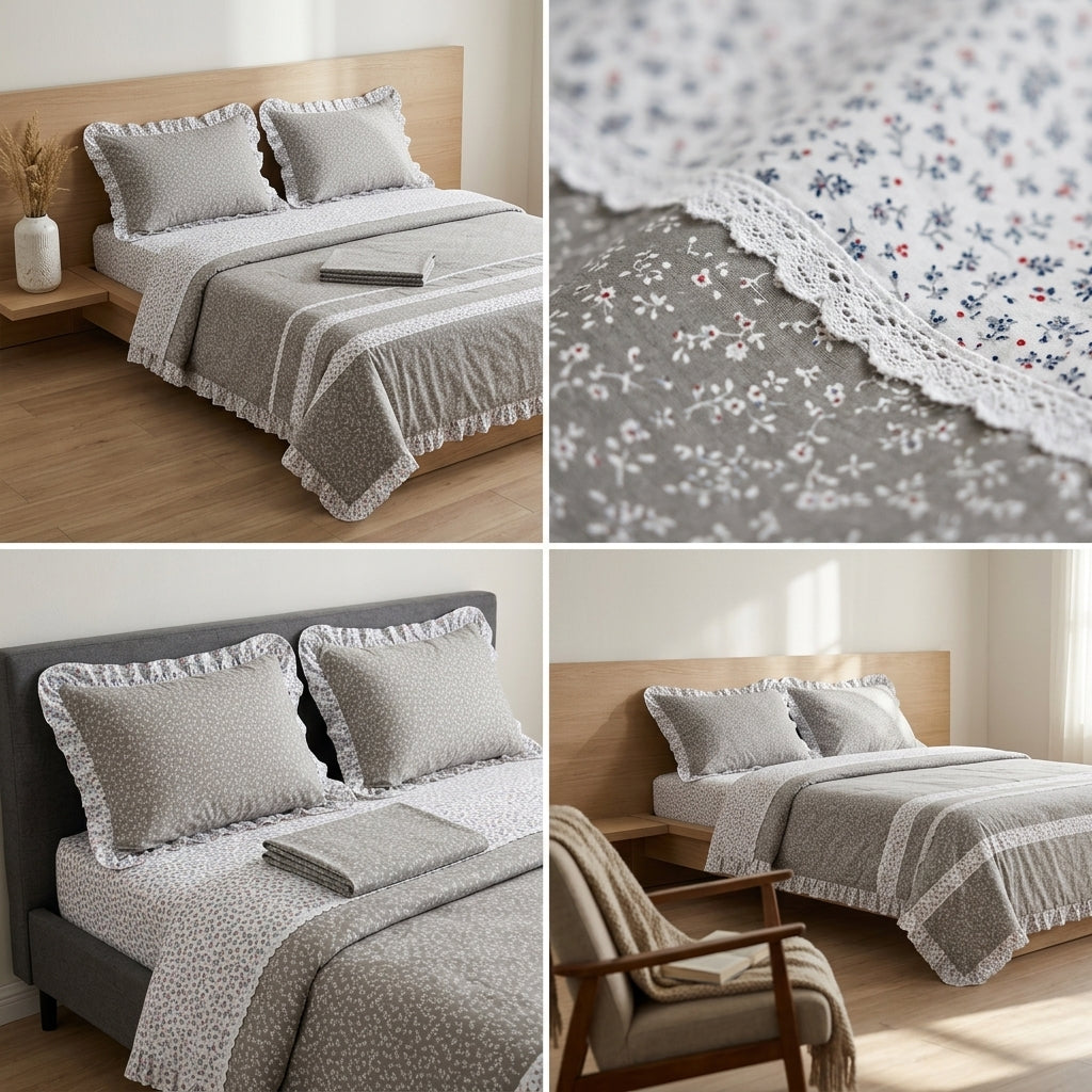 English  4-Piece Frill Lace AC Quilt Set – King Size | Elegant Dual Design