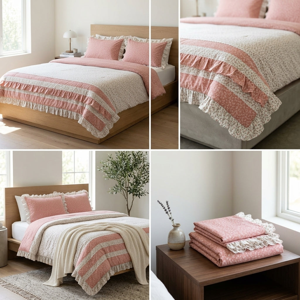 English  4-Piece Frill Lace AC Quilt Set – King Size | Elegant Dual Design