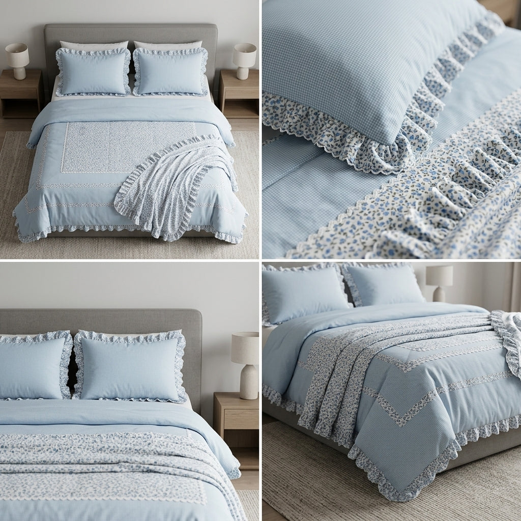 English  4-Piece Frill Lace AC Quilt Set – King Size | Elegant Dual Design