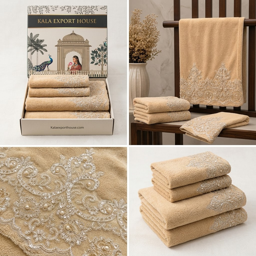 Premium Wedding Towel Set of 4 – Designer Embroidered Bath & Hand Towels | Product Code :- 55B155RKEH