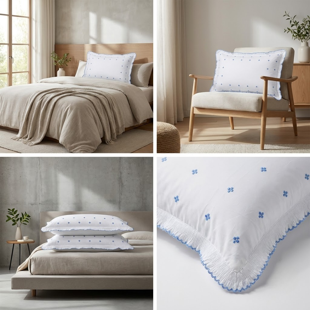 Luxury Embroidered Frill Pillow Cover Pair – Premium Floral Collection