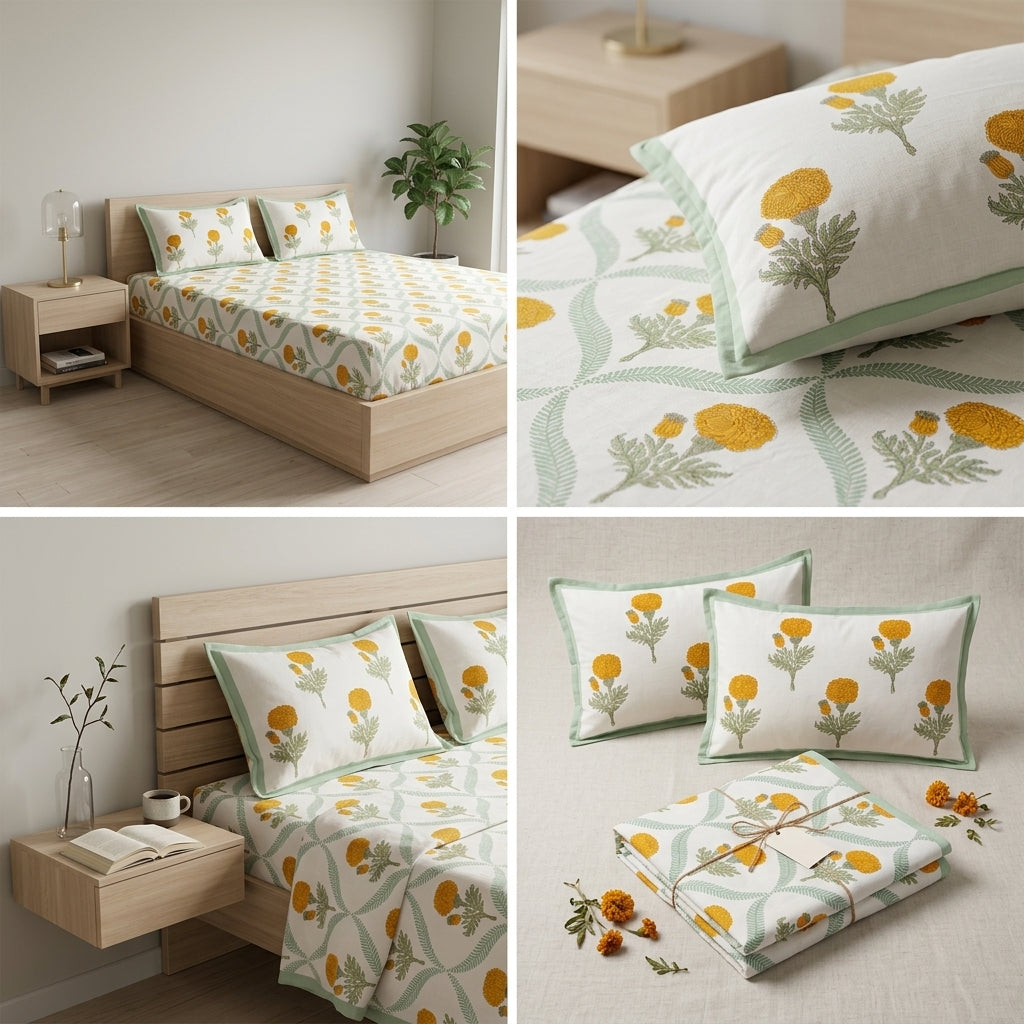 Block Prints Pure Cotton Printed Fitted Bedsheet Set with 2 Pillow Covers