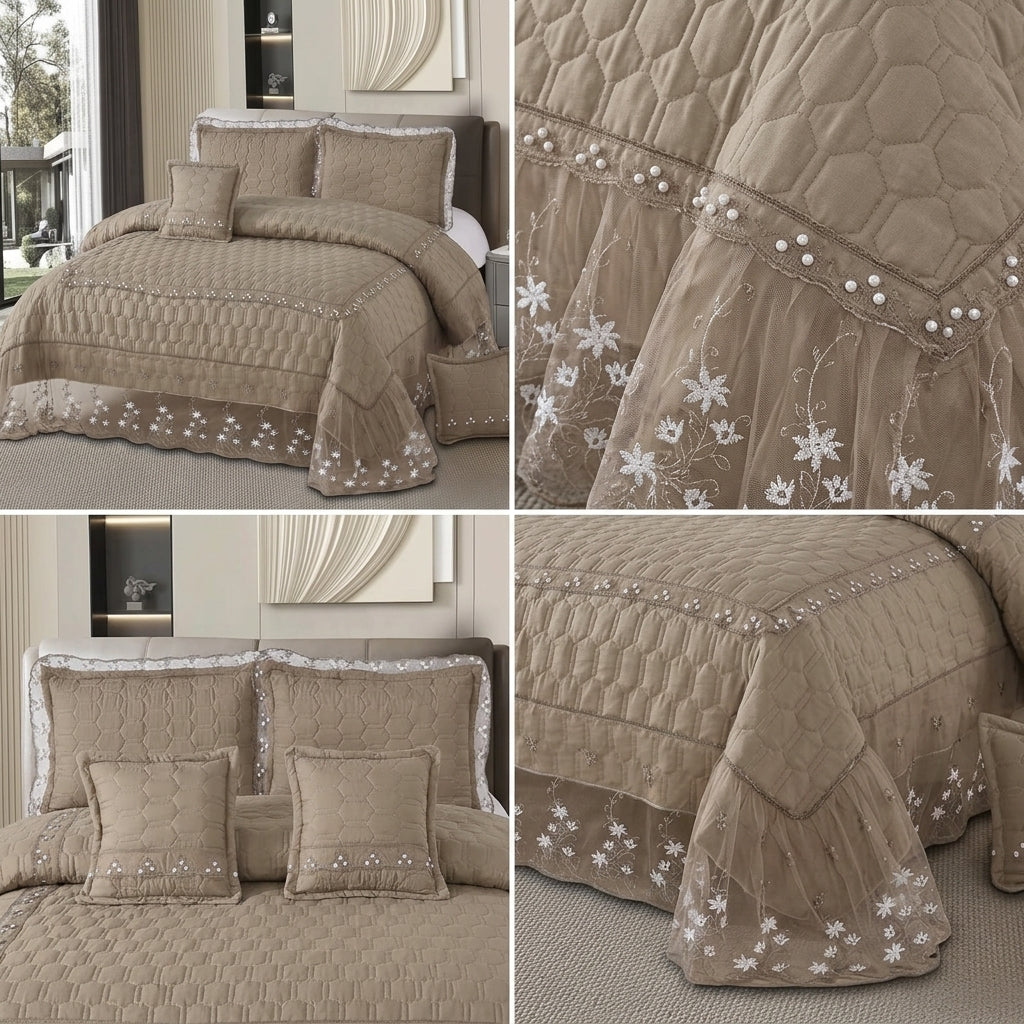 Premium Turkish Luxury 5-Piece Bedcover Set with Transparent Frill