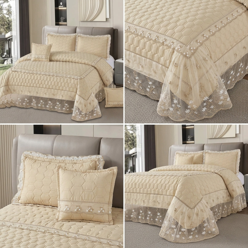 Premium Turkish Luxury 5-Piece Bedcover Set with Transparent Frill