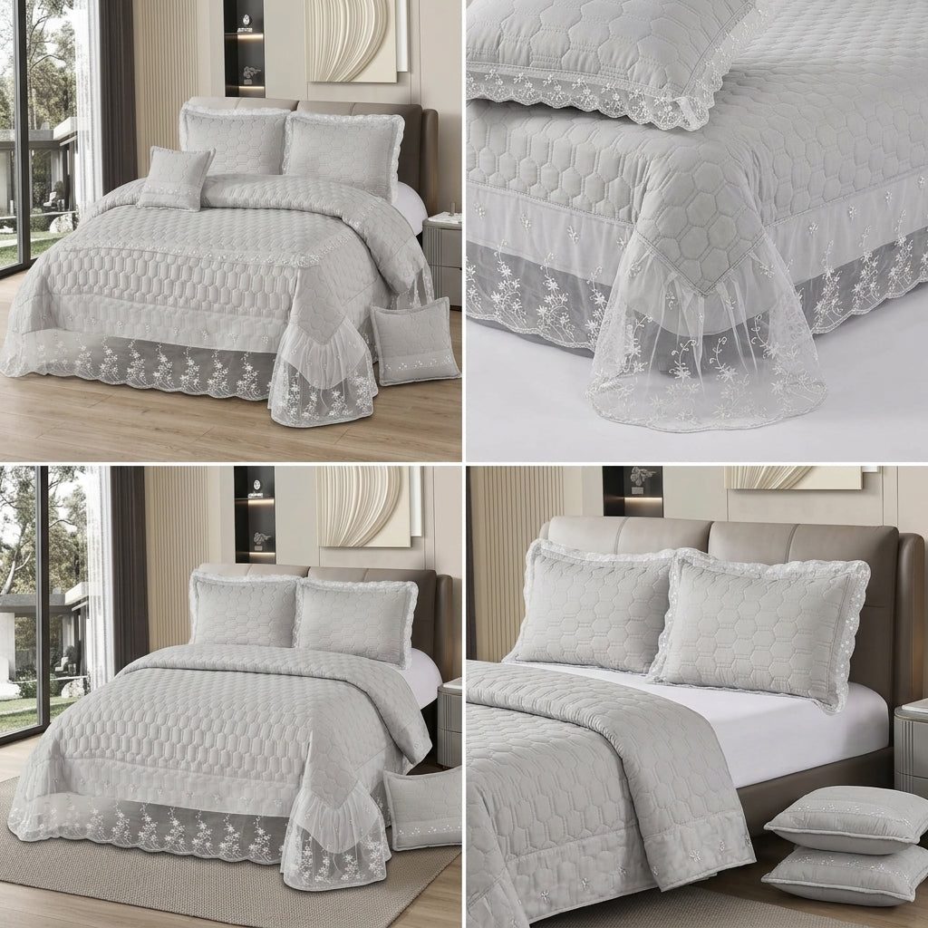 Premium Turkish Luxury 5-Piece Bedcover Set with Transparent Frill