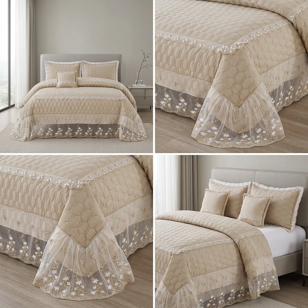 Premium Turkish Luxury 5-Piece Bedcover Set with Transparent Frill