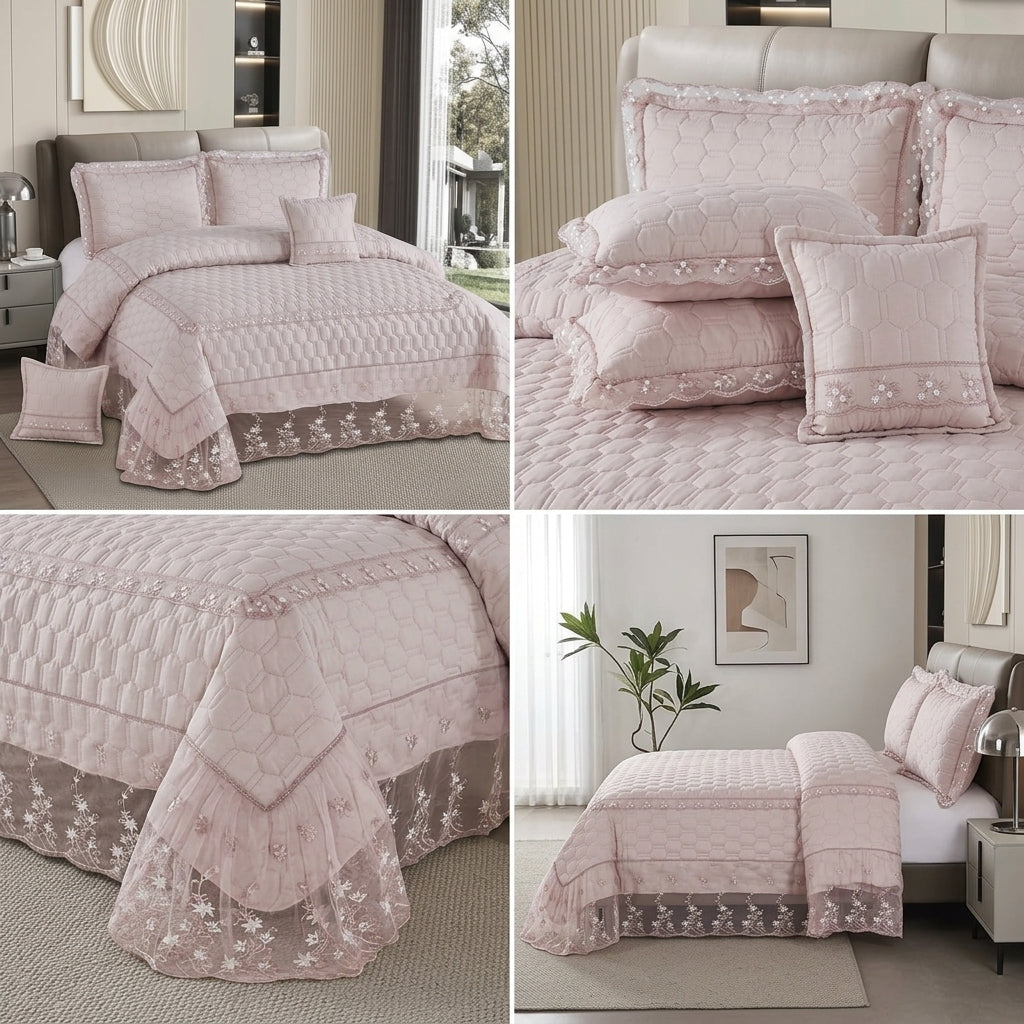 Premium Turkish Luxury 5-Piece Bedcover Set with Transparent Frill