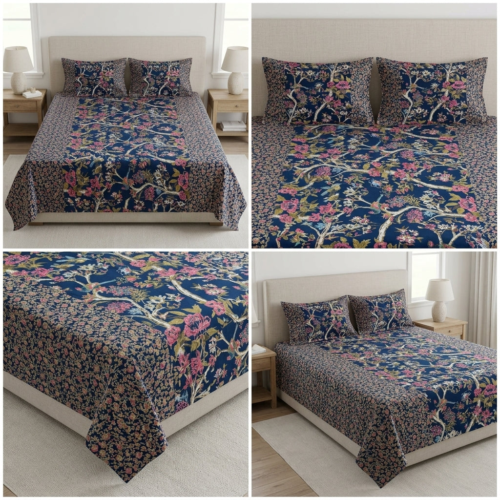Ajrakh Pure Cotton King Size Bedsheet Set (108 x 108 Inches)