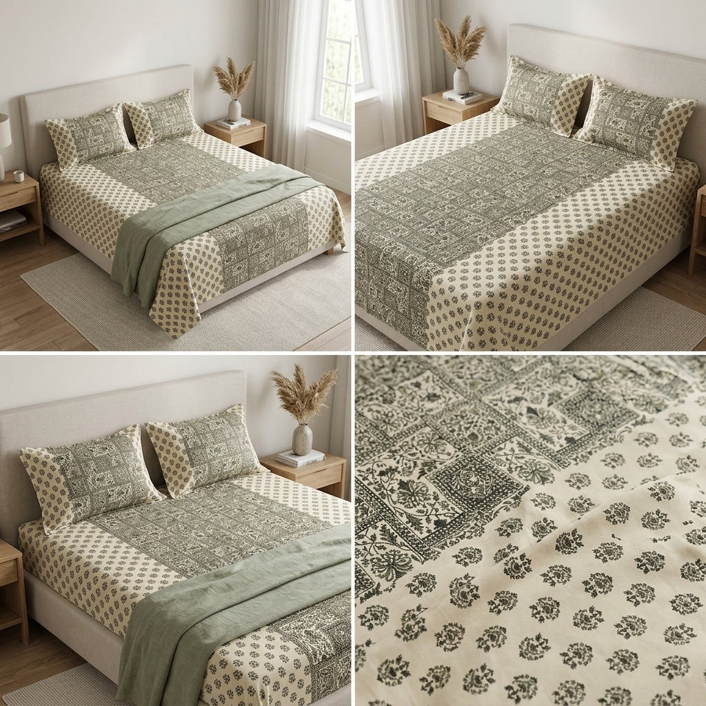 Ajrakh Pure Cotton King Size Bedsheet Set (108 x 108 Inches)