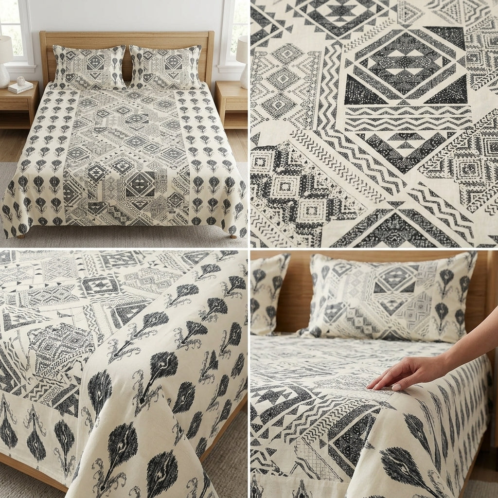 Ajrakh Pure Cotton King Size Bedsheet Set (108 x 108 Inches)