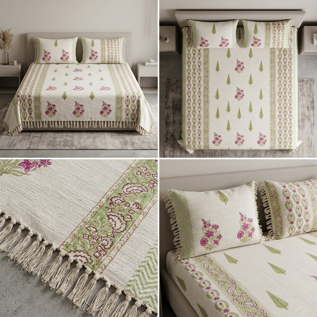 ✨ Pure Khadi Tassels Bedcover – King Size (108 × 108 Inches) ✨