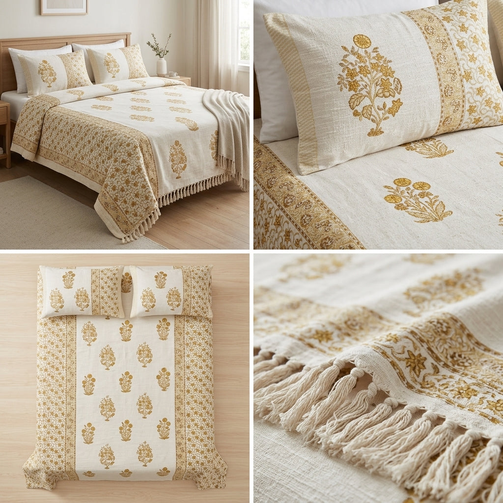 ✨ Pure Khadi Tassels Bedcover – King Size (108 × 108 Inches) ✨