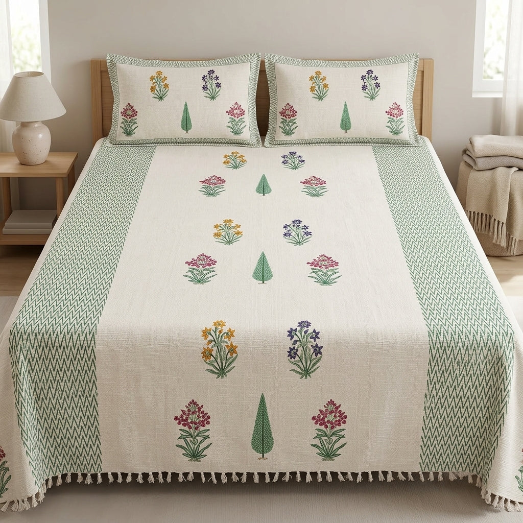 ✨ Pure Khadi Tassels Bedcover – King Size (108 × 108 Inches) ✨