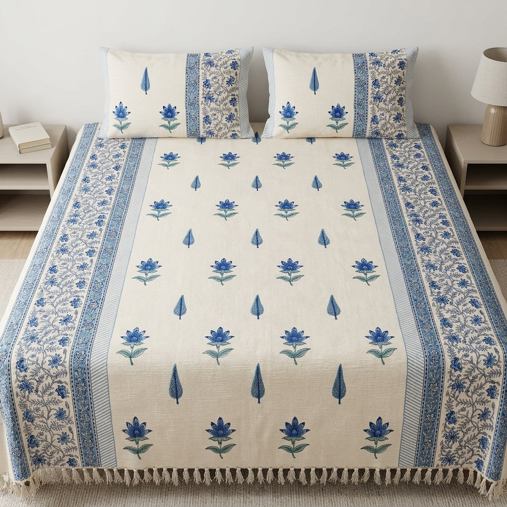 ✨ Pure Khadi Tassels Bedcover – King Size (108 × 108 Inches) ✨