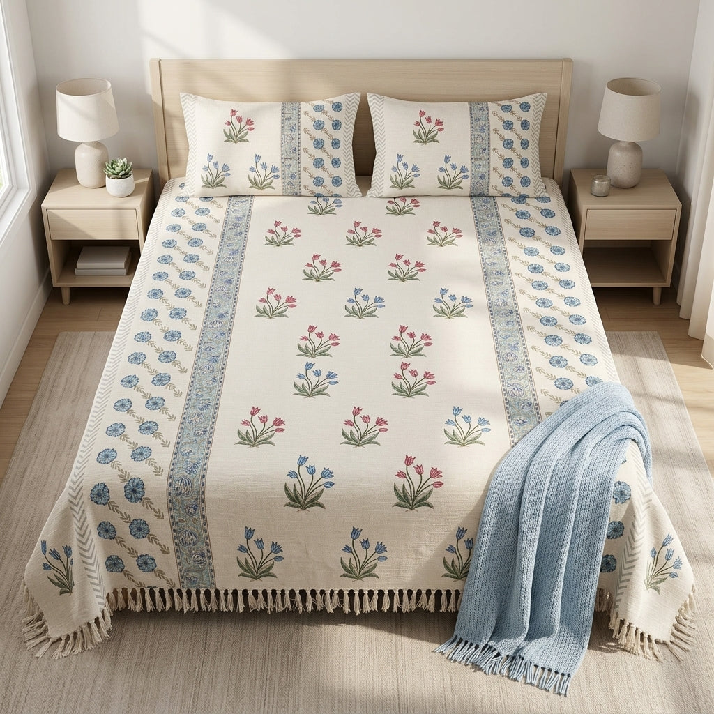 ✨ Pure Khadi Tassels Bedcover – King Size (108 × 108 Inches) ✨