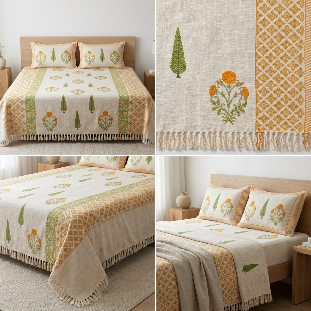 ✨ Pure Khadi Tassels Bedcover – King Size (108 × 108 Inches) ✨