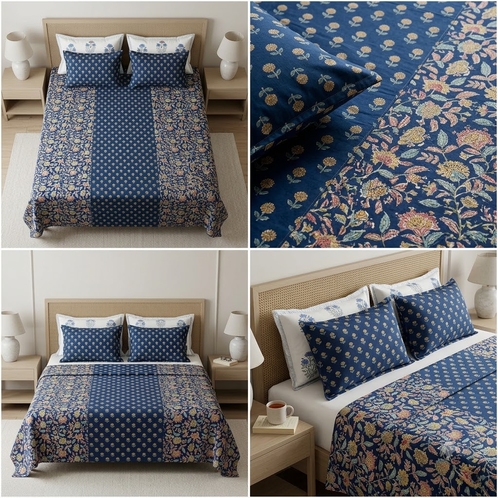 Ajrakh Pure Cotton King Size Bedsheet Set (108 x 108 Inches) Product Code :- 55B129RKEH