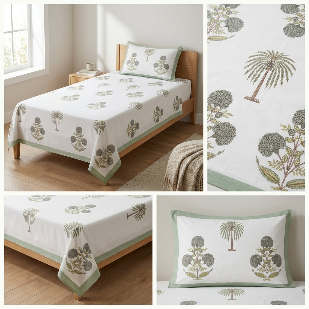 Premium Block Prints Pure Cotton Single Bedsheet with Pillow Covers