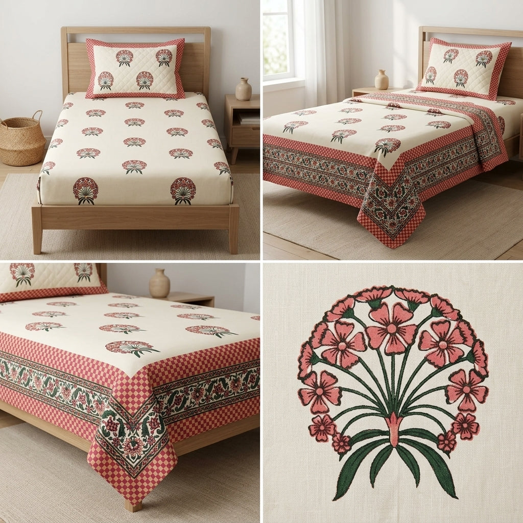 Premium Block Prints Pure Cotton Single Bedsheet with Pillow Covers