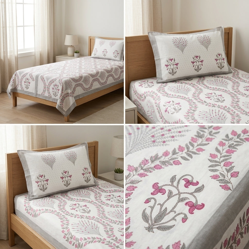 Premium Block Prints Pure Cotton Single Bedsheet with Pillow Covers