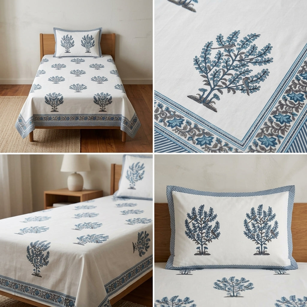 Premium Block Prints Pure Cotton Single Bedsheet with Pillow Covers