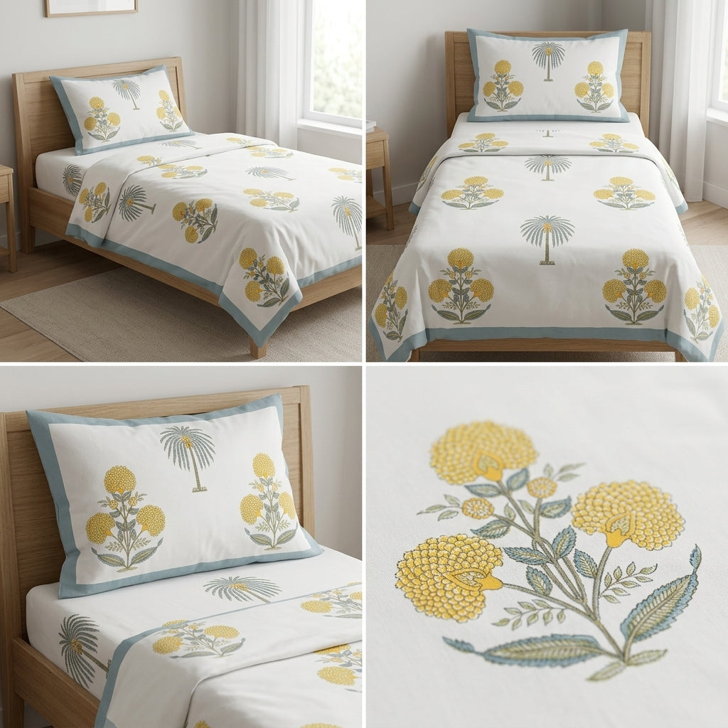 Premium Block Prints Pure Cotton Single Bedsheet with Pillow Covers