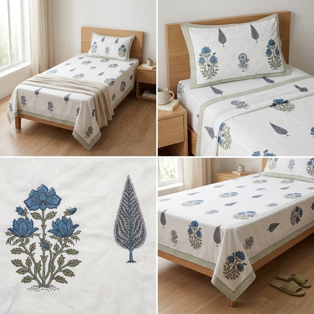 Premium Block Prints Pure Cotton Single Bedsheet with Pillow Covers