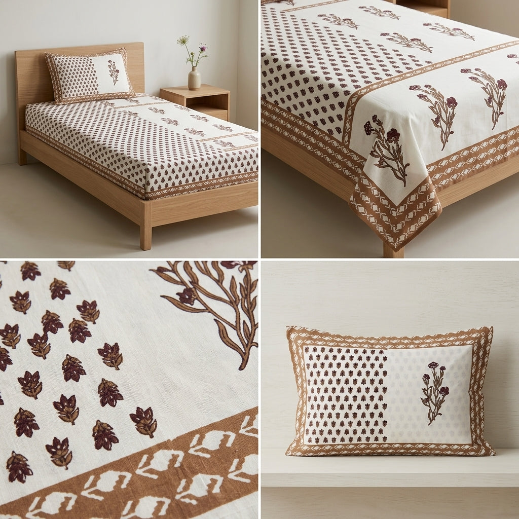 Premium Block Prints Pure Cotton Single Bedsheet with Pillow Covers