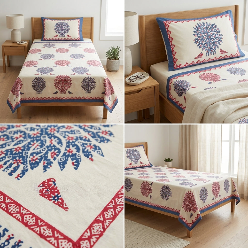 Premium Block Prints Pure Cotton Single Bedsheet with Pillow Covers