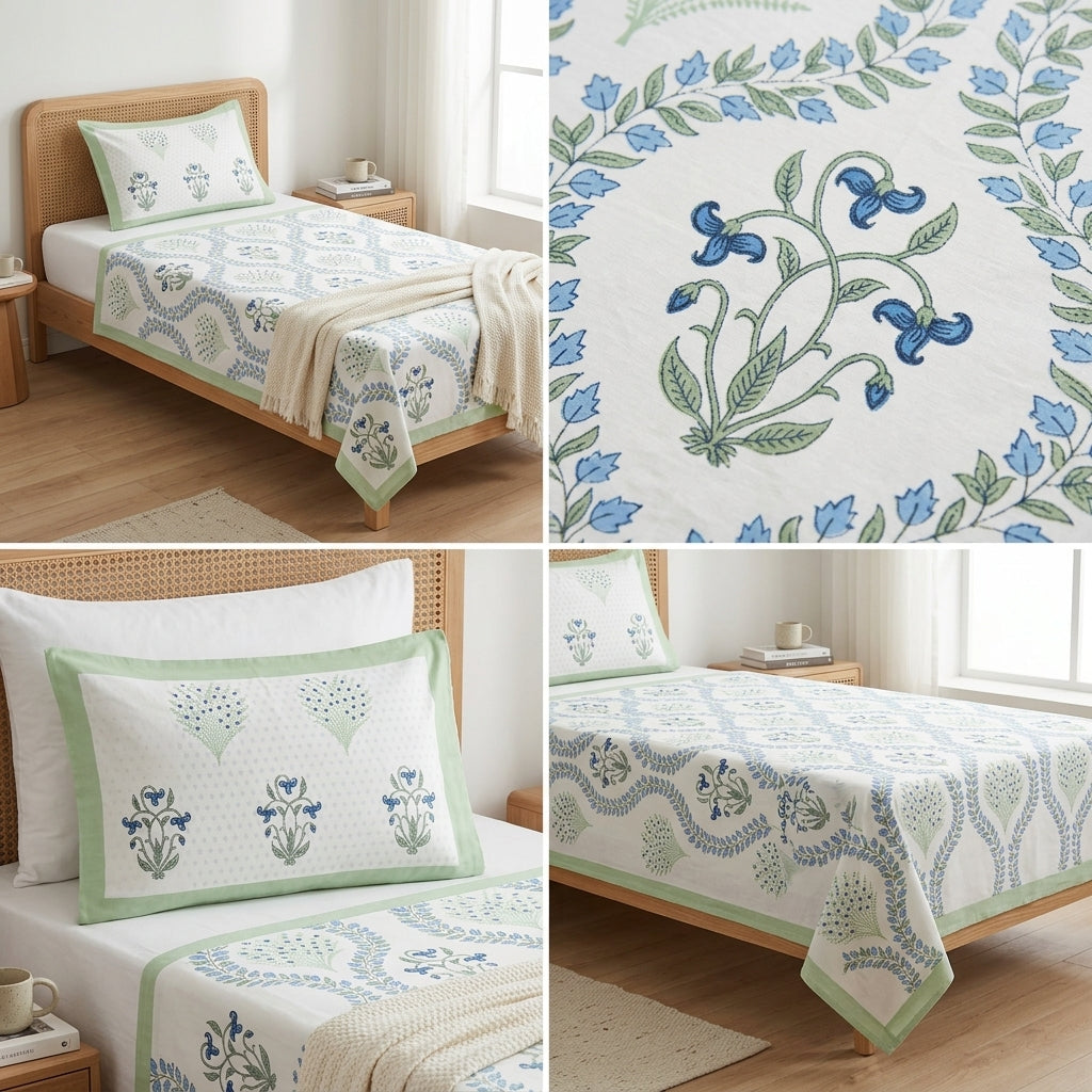 Premium Block Prints Pure Cotton Single Bedsheet with Pillow Covers