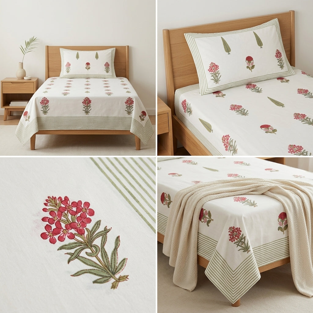Premium Block Prints Pure Cotton Single Bedsheet with Pillow Covers
