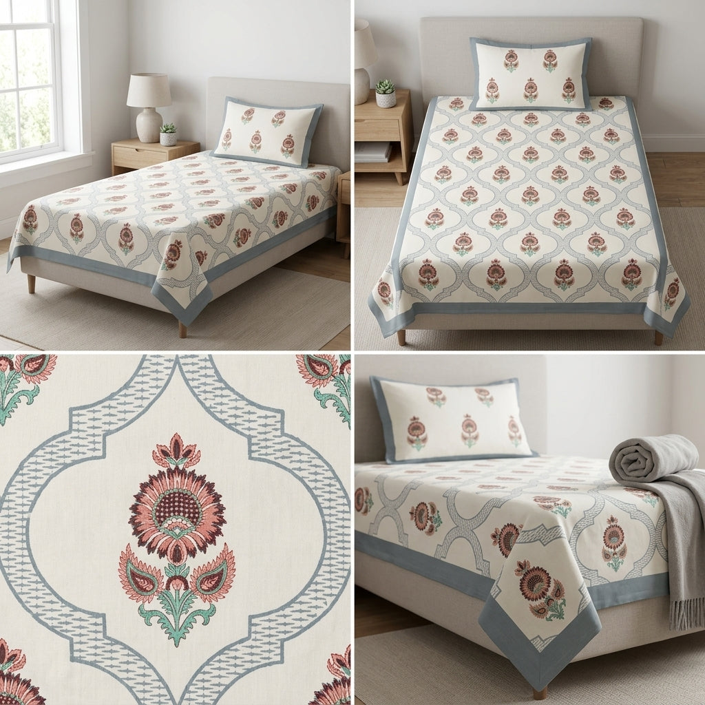 Premium Block Prints Pure Cotton Single Bedsheet with Pillow Covers