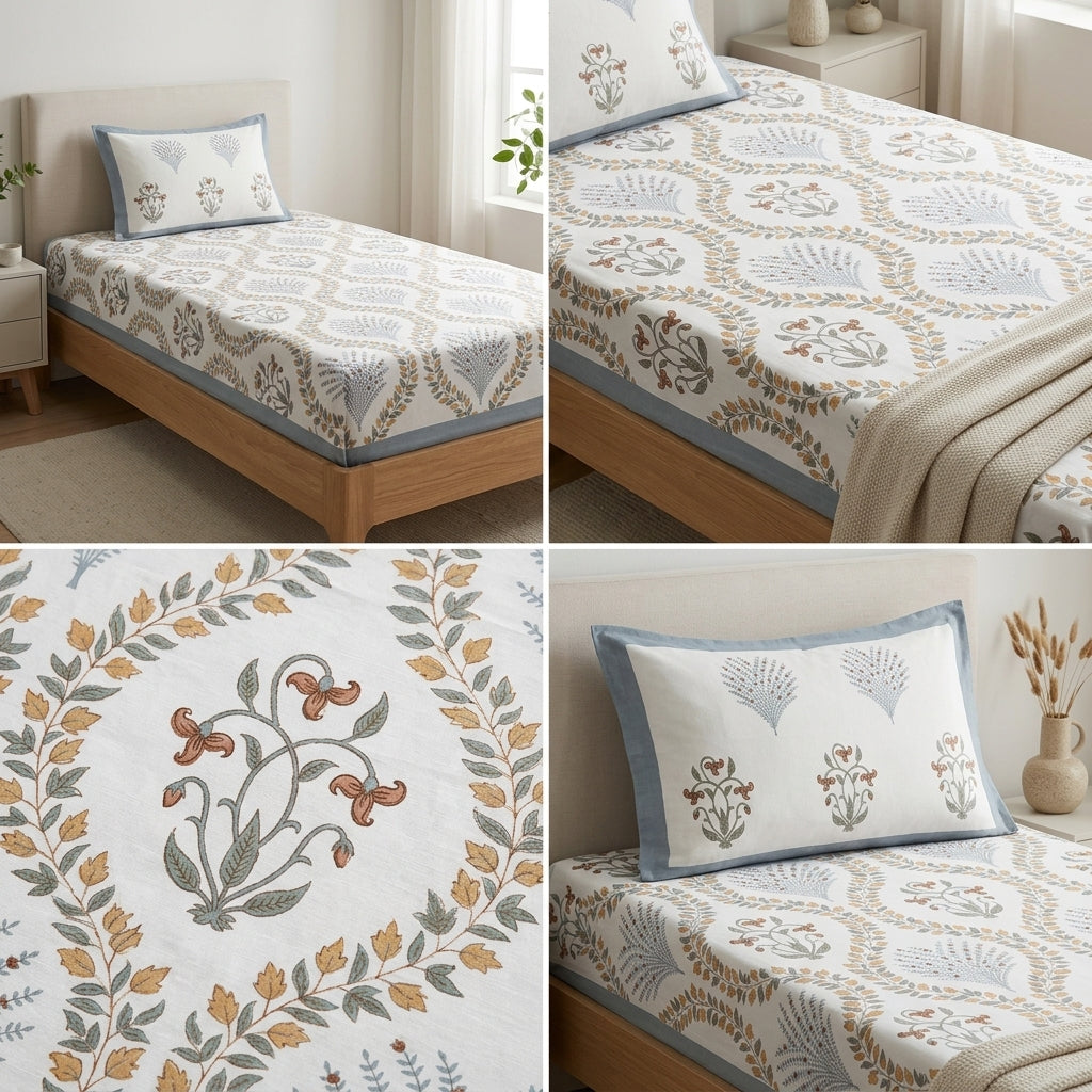 Premium Block Prints Pure Cotton Single Bedsheet with Pillow Covers