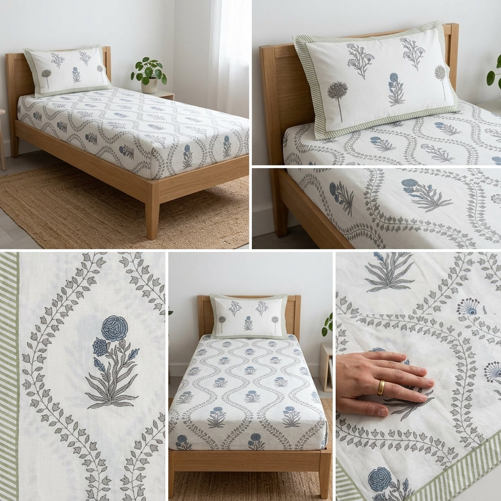 Premium Block Prints Pure Cotton Single Bedsheet with Pillow Covers