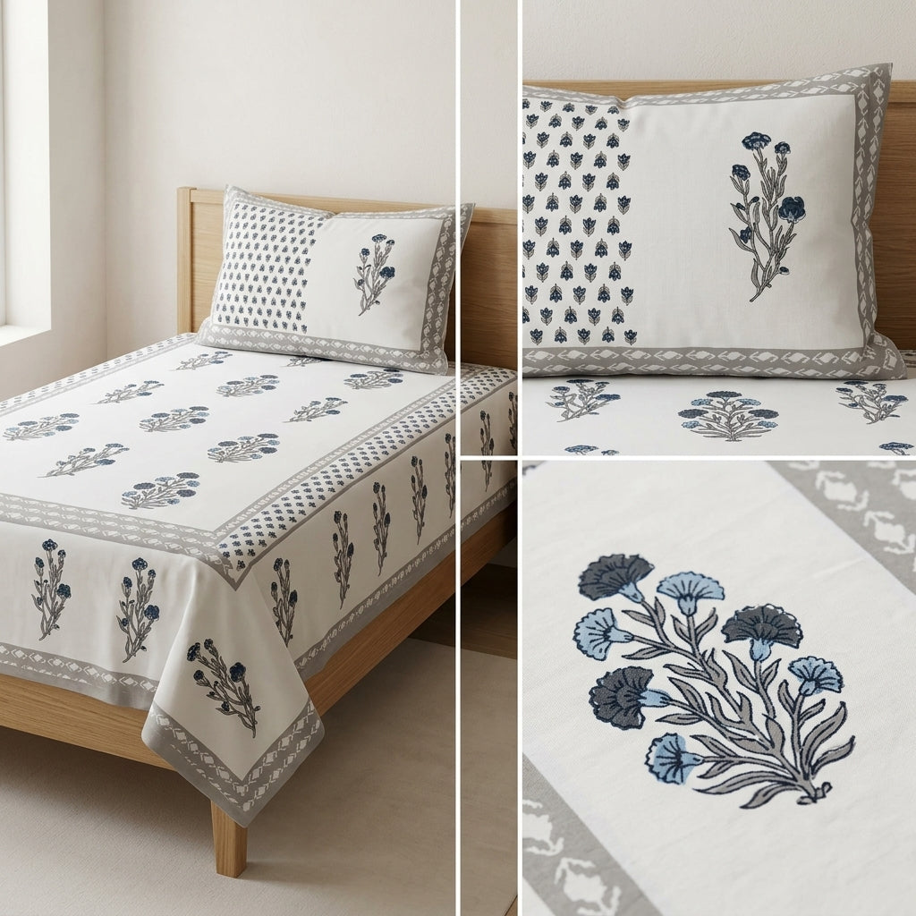 Premium Block Prints Pure Cotton Single Bedsheet with Pillow Covers