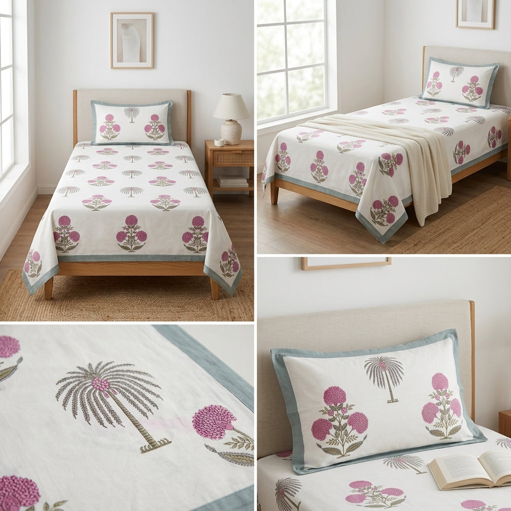 Premium Block Prints Pure Cotton Single Bedsheet with Pillow Covers