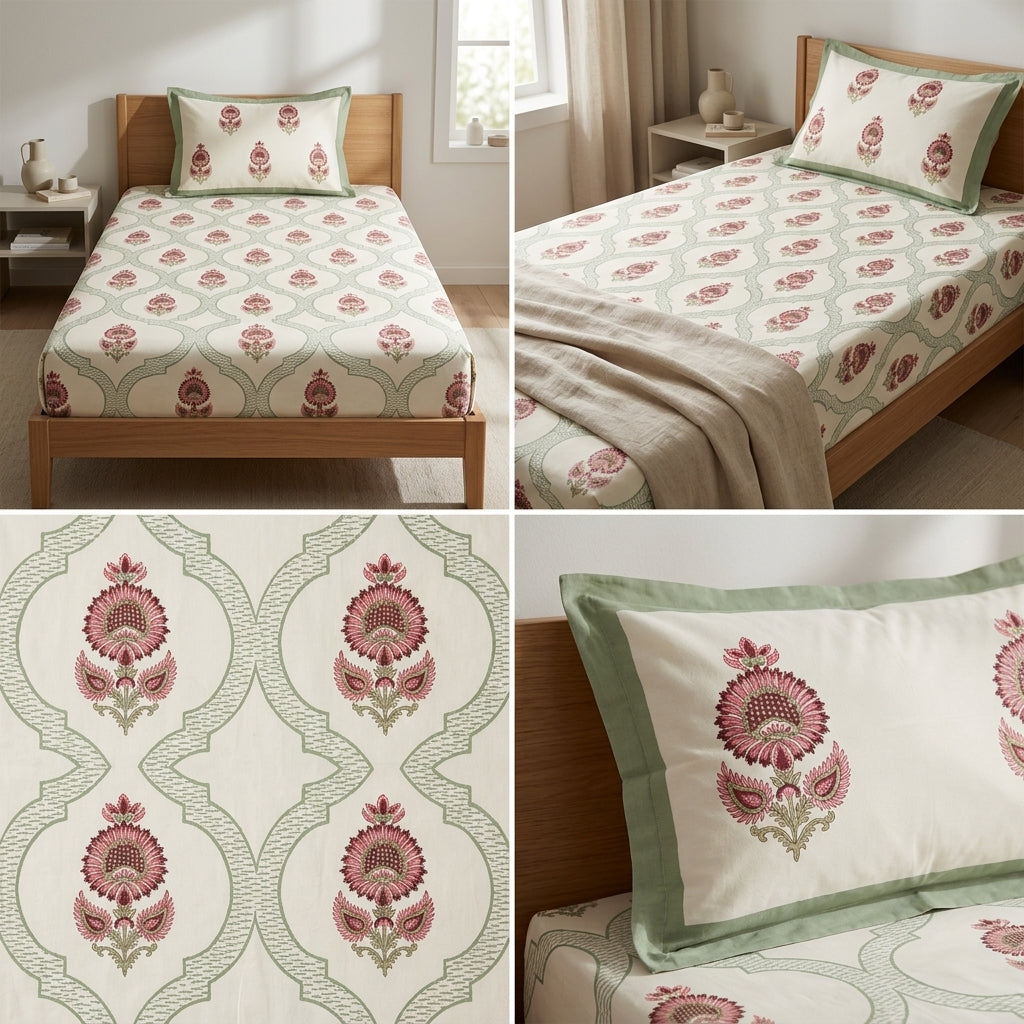 Premium Block Prints Pure Cotton Single Bedsheet with Pillow Covers