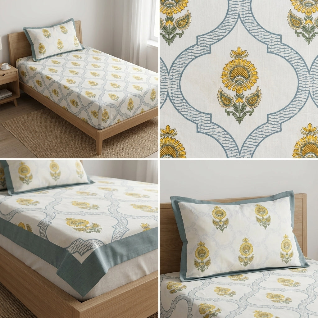 Premium Block Prints Pure Cotton Single Bedsheet with Pillow Covers