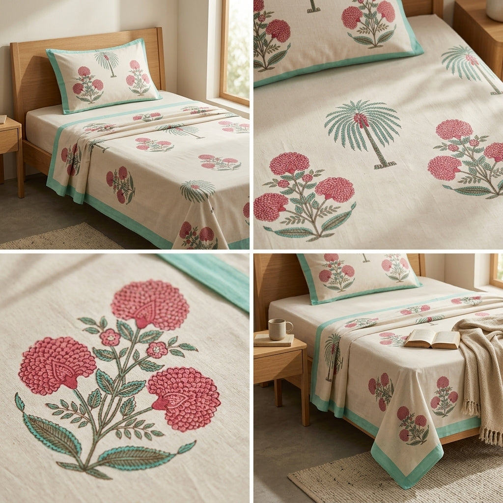 Premium Block Prints Pure Cotton Single Bedsheet with Pillow Covers
