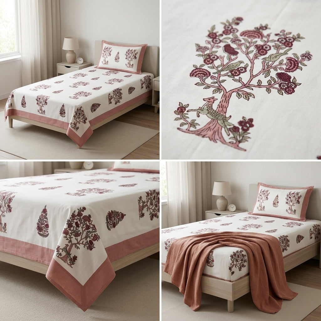 Premium Block Prints Pure Cotton Single Bedsheet with Pillow Covers