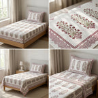 Premium Block Prints Pure Cotton Single Bedsheet with Pillow Covers