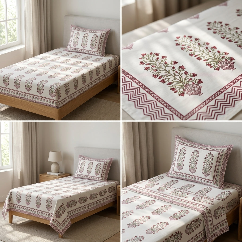 Premium Block Prints Pure Cotton Single Bedsheet with Pillow Covers