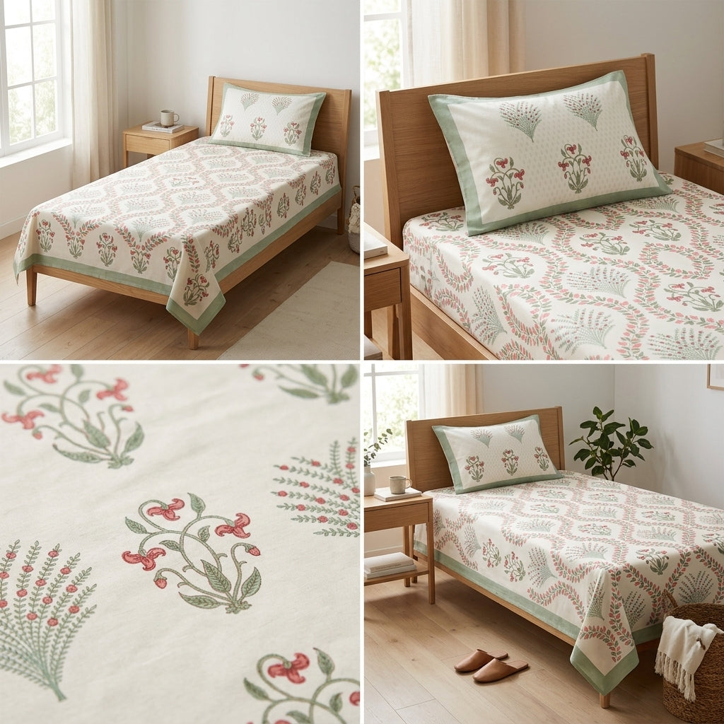 Premium Block Prints Pure Cotton Single Bedsheet with Pillow Covers