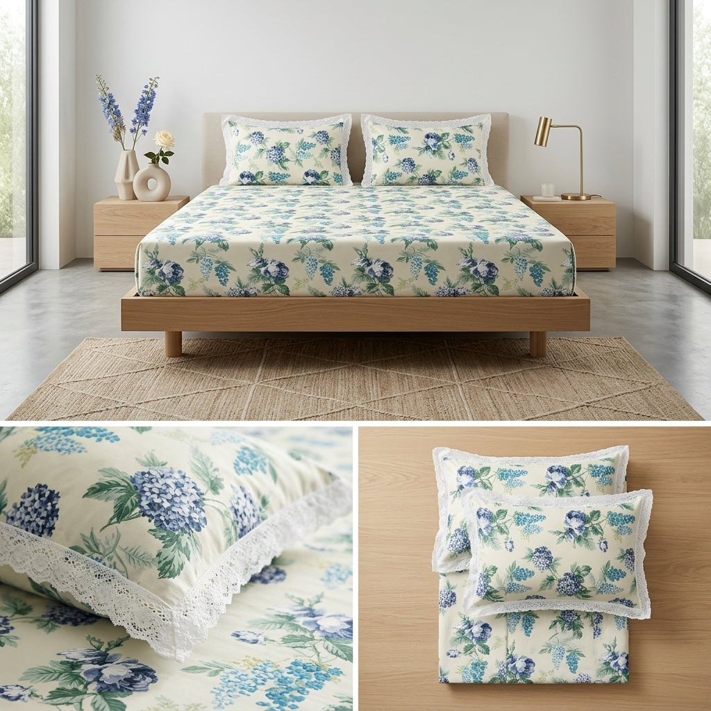 English Bedsheet With Lace Pillow Covers (108 * 108)