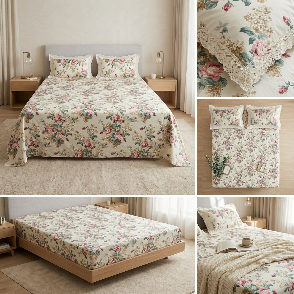 English Bedsheet With Lace Pillow Covers (108 * 108)