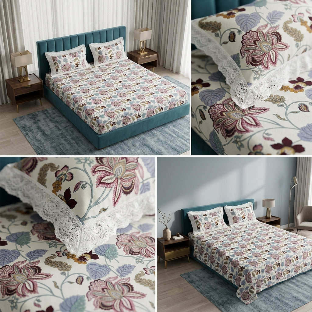 English Bedsheet With Lace Pillow Covers (108 * 108)