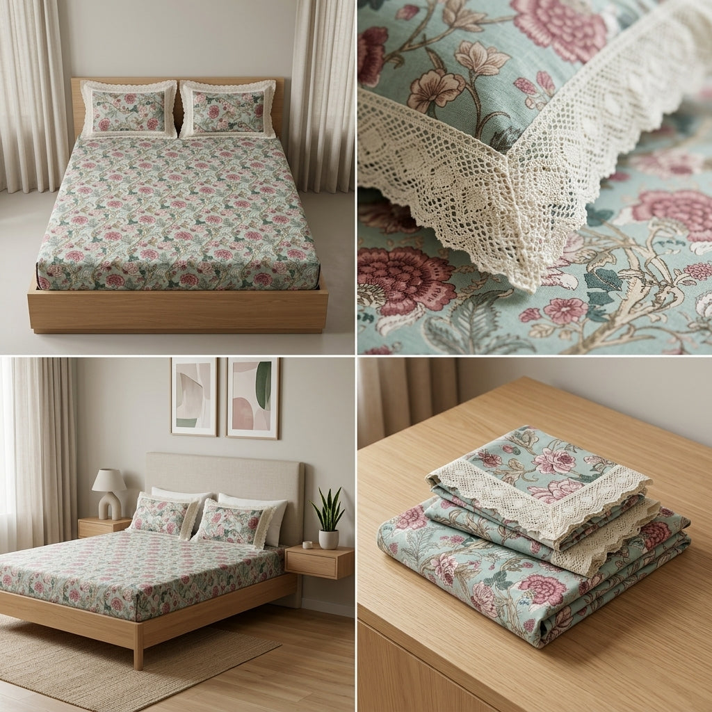 English Bedsheet With Lace Pillow Covers (108 * 108)