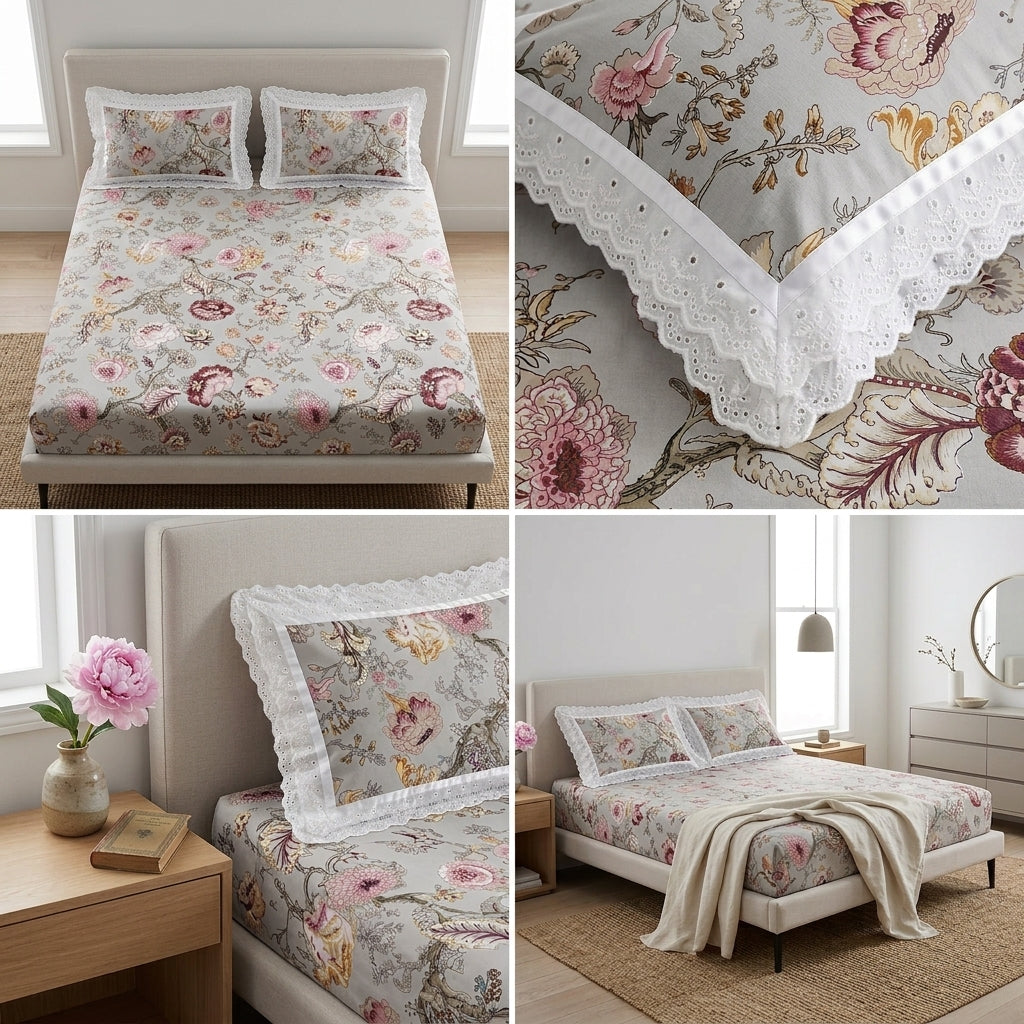 English Bedsheet With Lace Pillow Covers (108 * 108)