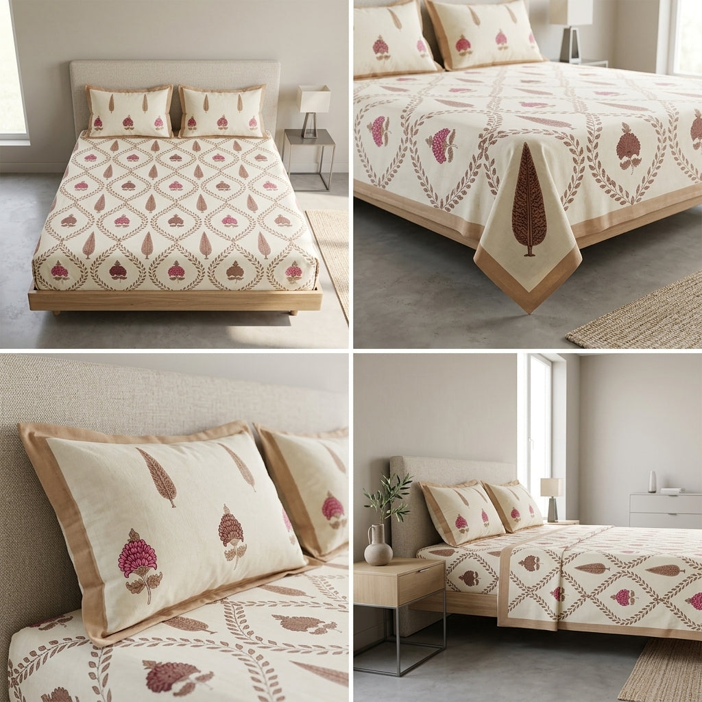 Block Print Bedsheet Set (108 x 108 inches) with 2 Pillow Covers Product Code :- 55B106RKEH