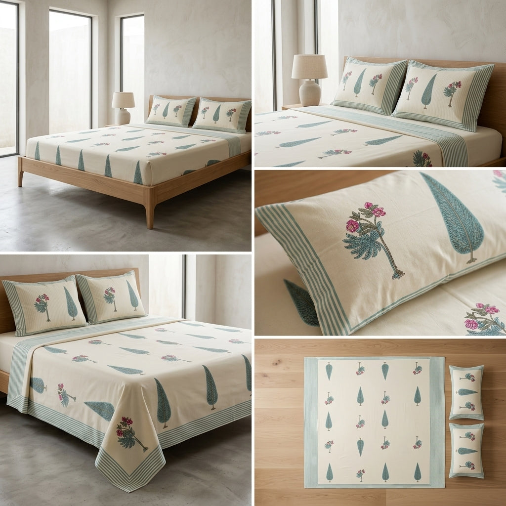 Block Print Bedsheet Set (108 x 108 inches) with 2 Pillow Covers Product Code :- 55B106RKEH